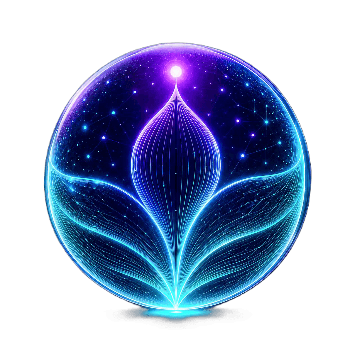 Sage AI — intelligent trading companion visualized as a glowing cosmic orb containing the Leaf Edge bloom