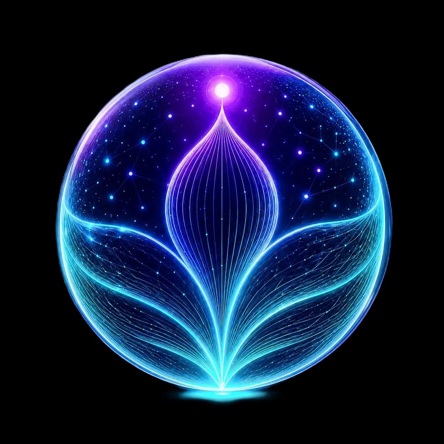 Sage AI — intelligent trading companion visualized as a glowing cosmic orb containing the Leaf Edge bloom