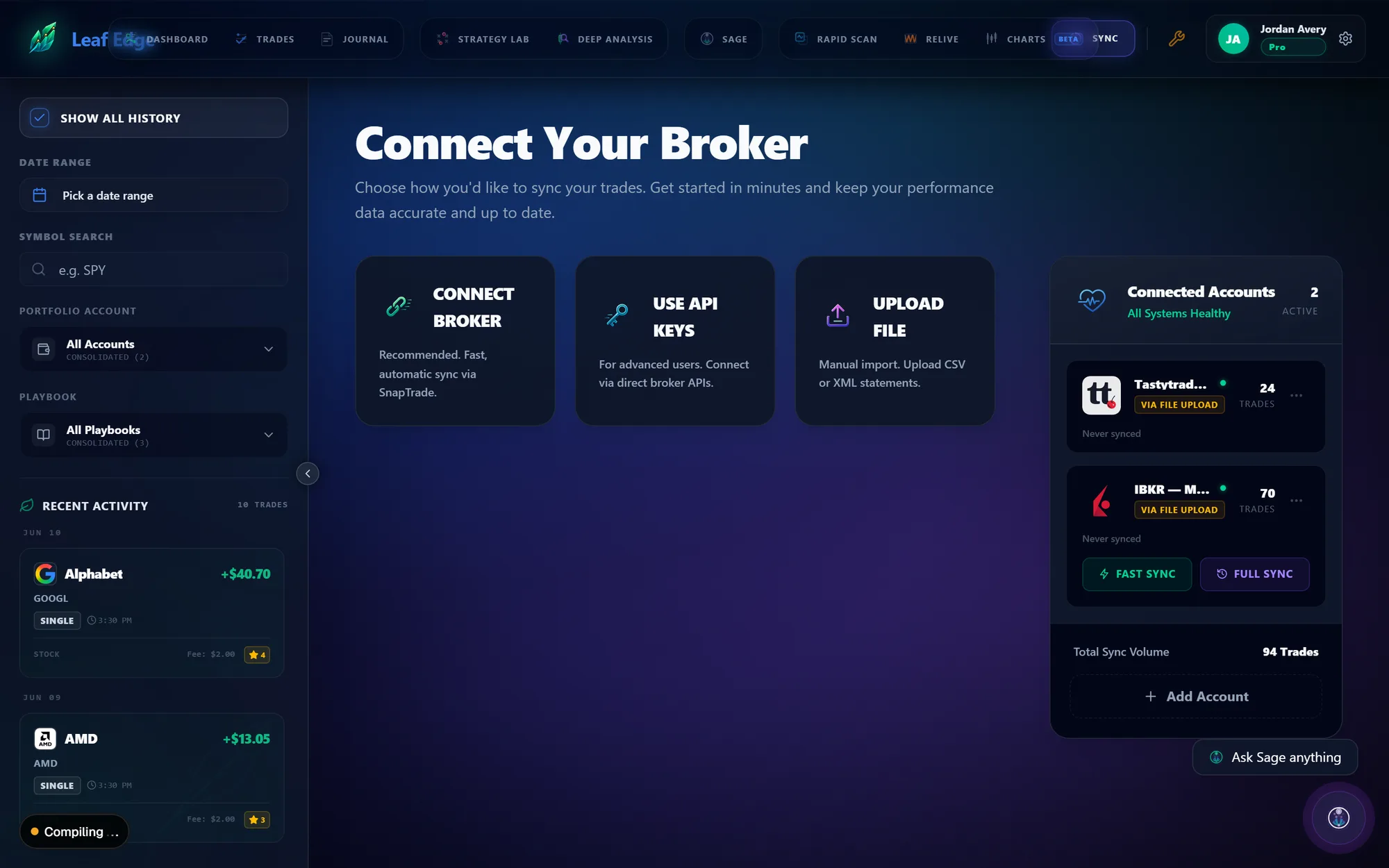 Leaf Edge sync screen — connect a broker, import, or CSV