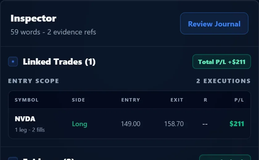 The journal inspector panel showing one linked NVDA trade made of two fills with a total P&L of plus 211 dollars.